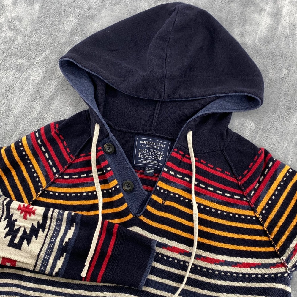 American Eagle Mens Medium Baja Hoodie Navy Blue Southwestern Aztec Print Cotton